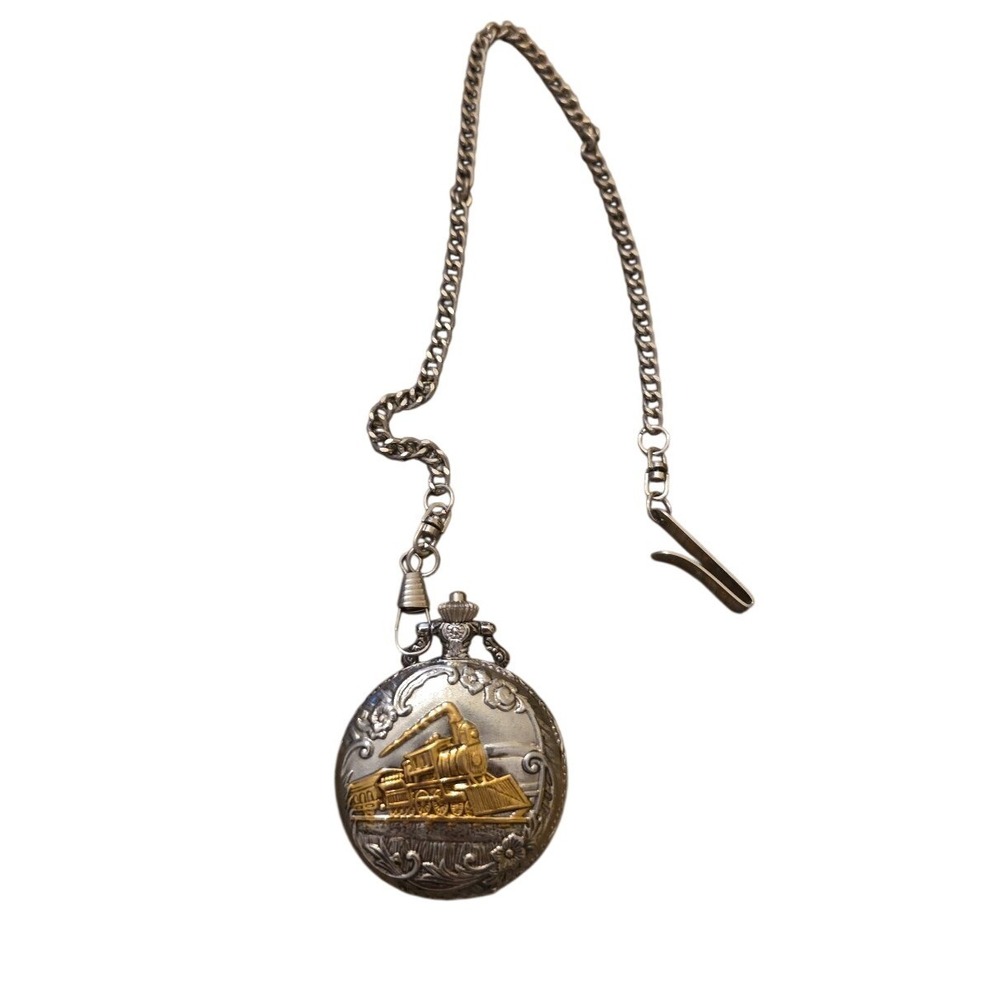 Vintage Steam Engine‎ Train Quartz Pocket Watch Silver Gold Tone with Chain
